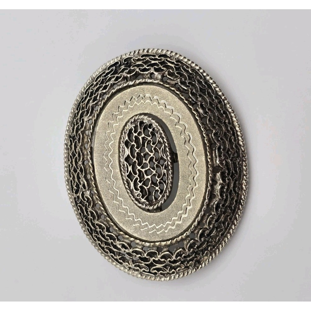 75 Yr Old PASTELLI Oval Filigree Etched‎ Silver Tone Brooch Pin FREE $HIPPING!!